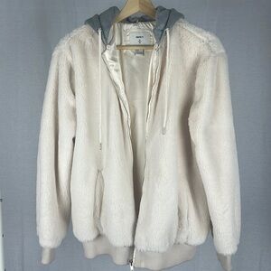 Forever 21 Women's Cream Faux Fur Jacket with Removable Gray Hood. Size L
